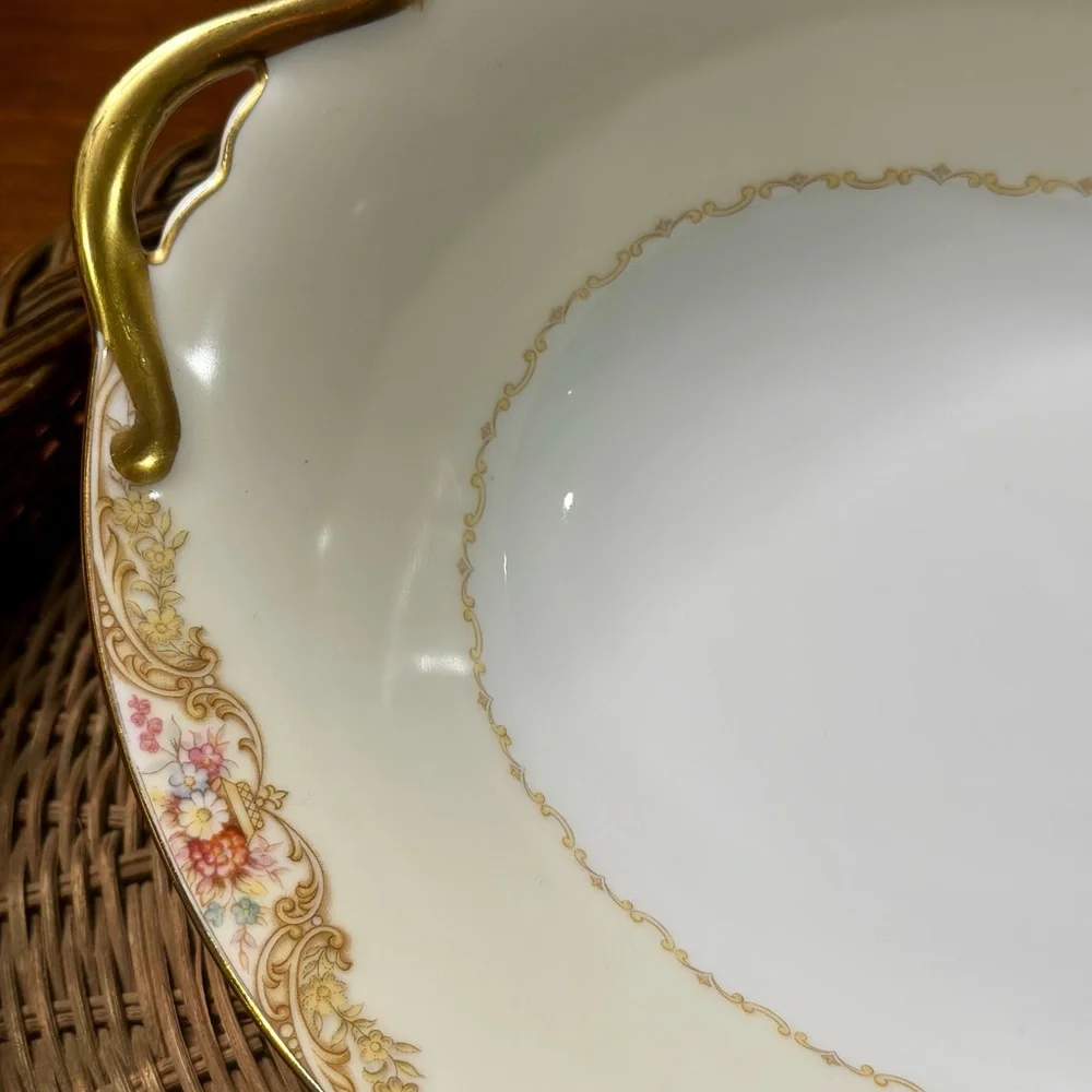 Vintage Noritake Trojan Handled Vegetable Bowl Gold Floral Japan Serving Dish